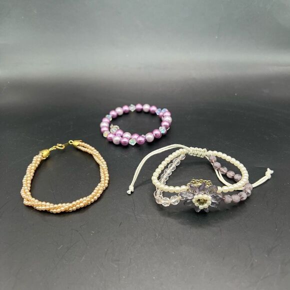 Beaded Bracelet Lot of 3 Purple Cream  And Gold Tone Classic Beads Beach Boho - Picture 1 of 6